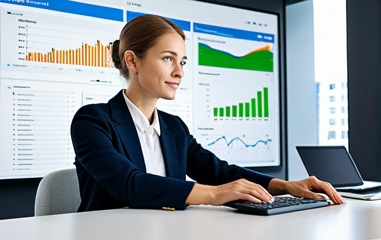 A professional adult, fully clothed in modest business attire, sitting confidently at a sleek, ergonomic desk in a brightly lit, modern digital finance office. On a large, ultra-thin screen, a sophisticated user interface displays real-time aggregated financial data, intelligent budget analysis, and personalized investment suggestions. The subject is interacting naturally with the screen, appearing focused and empowered. Perfect anatomy, correct proportions, natural pose, well-formed hands, proper finger count, natural body proportions, professional photography, high quality, safe for work, appropriate content, professional dress, family-friendly.