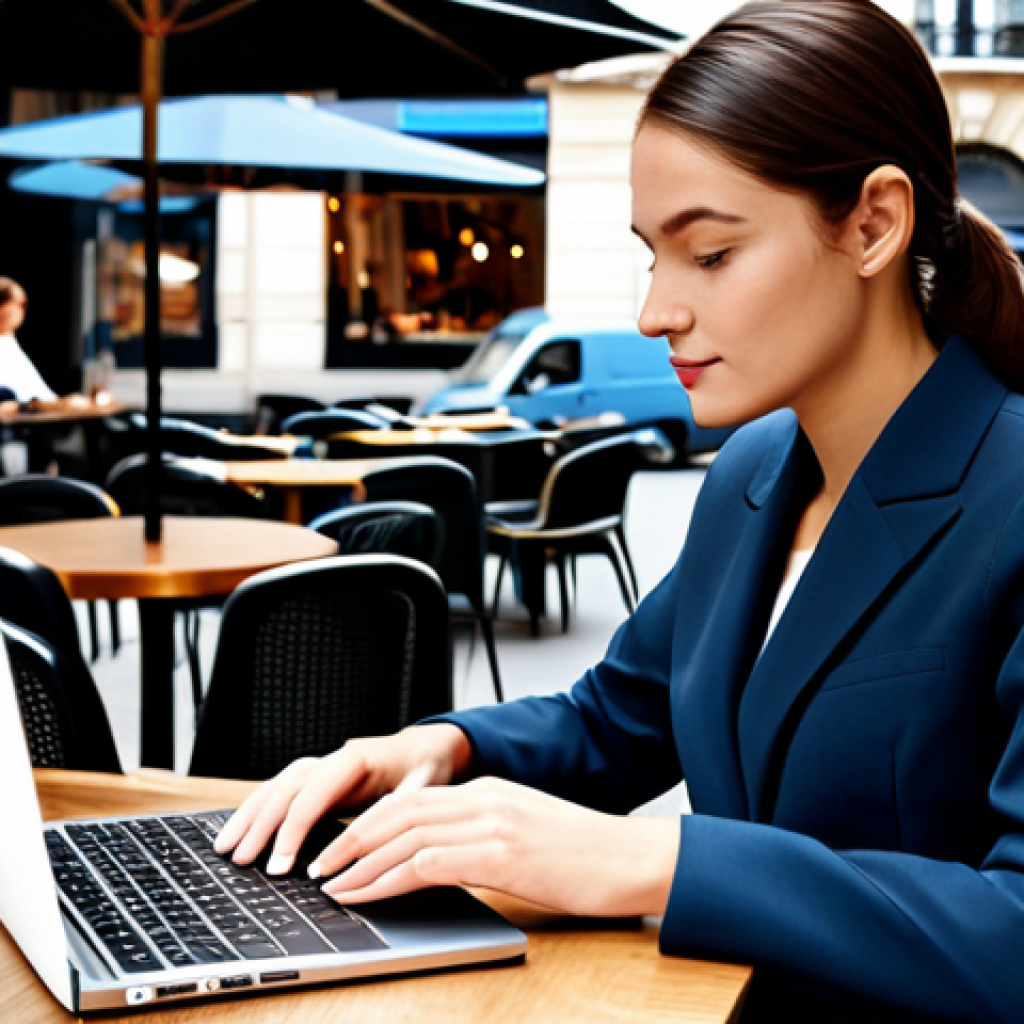 **

"A professional businesswoman in a stylish, modest business suit, working on a laptop at a chic Parisian café, fully clothed, appropriate attire, safe for work, perfect anatomy, natural proportions, high-quality digital art, professional scene, family-friendly."

**