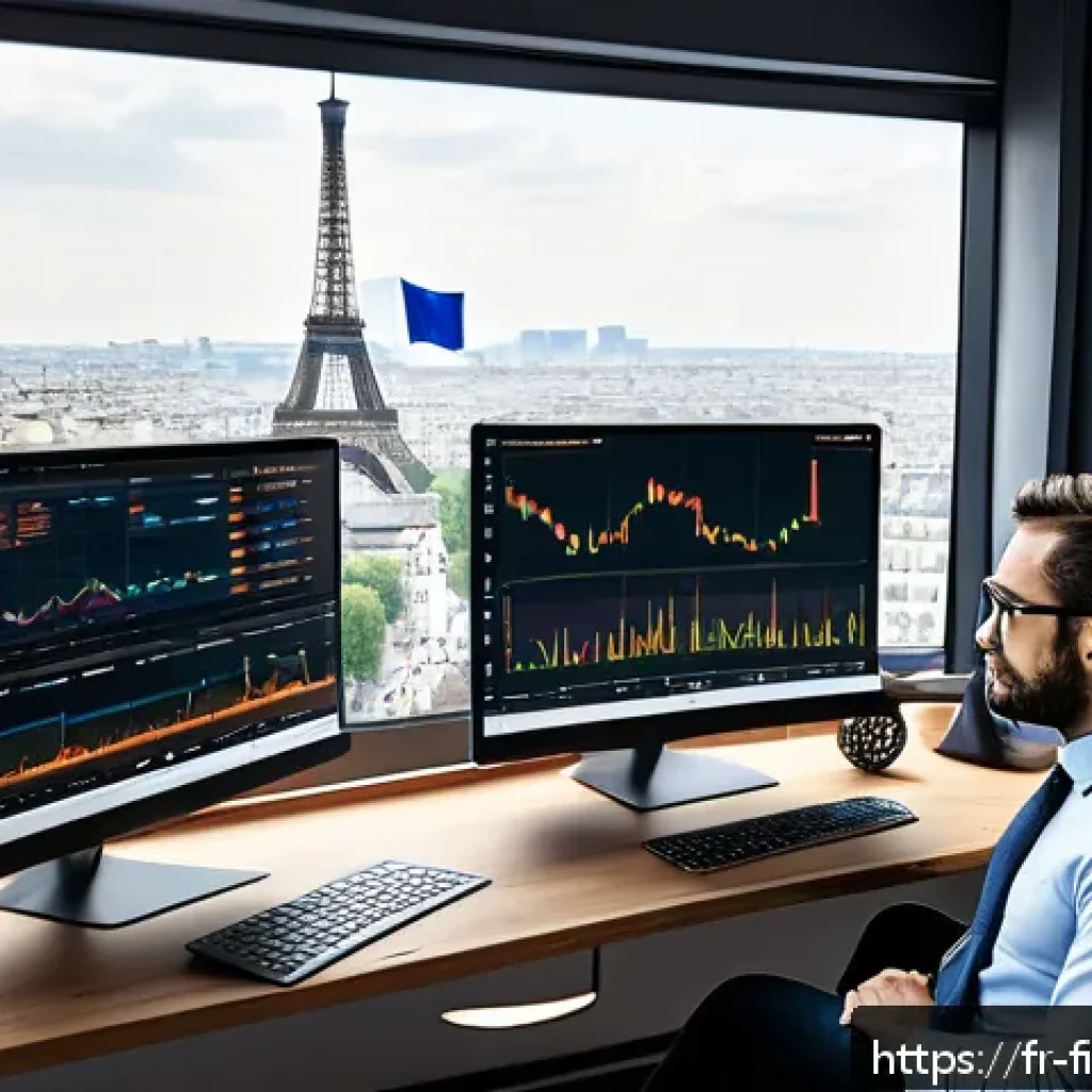 크립토 펀드 운영 기술 - A modern home office scene with a French investor monitoring multiple cryptocurrency charts on dual ...