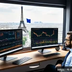Home 22 크립토 펀드 운영 기술 - A modern home office scene with a French investor monitoring multiple cryptocurrency charts on dual ...