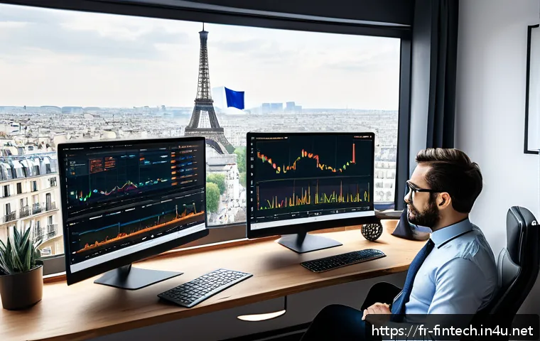크립토 펀드 운영 기술 - A modern home office scene with a French investor monitoring multiple cryptocurrency charts on dual ...