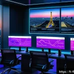 Home 21 암호화폐 투자 예측 시스템 - A futuristic digital trading room in Paris with multiple large holographic screens displaying real-t...