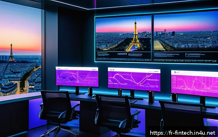 암호화폐 투자 예측 시스템 - A futuristic digital trading room in Paris with multiple large holographic screens displaying real-t...