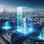 Home 20 분산형 자산 관리 시스템 - A futuristic digital cityscape representing blockchain technology in finance, featuring transparent,...