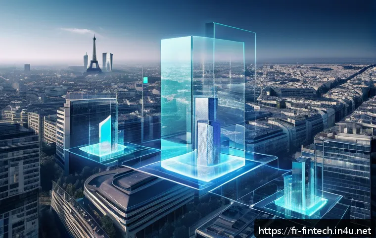 분산형 자산 관리 시스템 - A futuristic digital cityscape representing blockchain technology in finance, featuring transparent,...