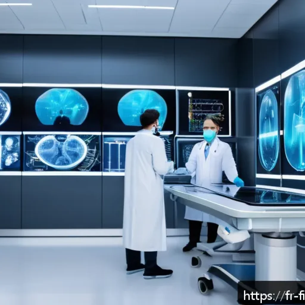 빅데이터와 AI를 활용한 예측 모델 - A futuristic hospital scene showing a diverse group of medical professionals collaborating with adva...