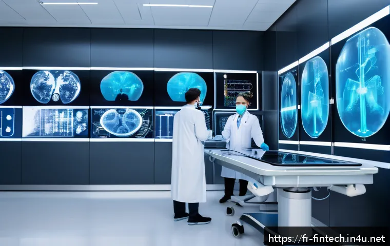 빅데이터와 AI를 활용한 예측 모델 - A futuristic hospital scene showing a diverse group of medical professionals collaborating with adva...